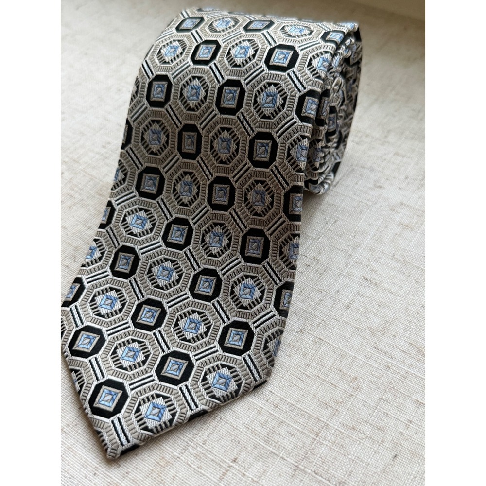 Pronto Uomo Couture Silk Tie Silver Black Blue Geometric Octagon Hand Made 0365